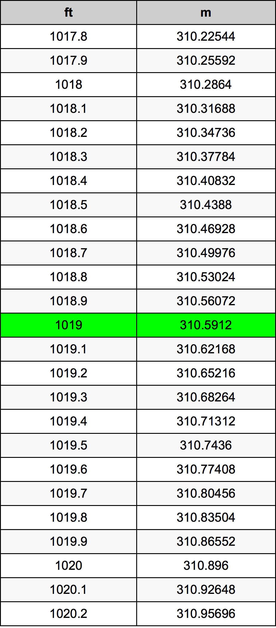 1019 Piedi konverżjoni tabella